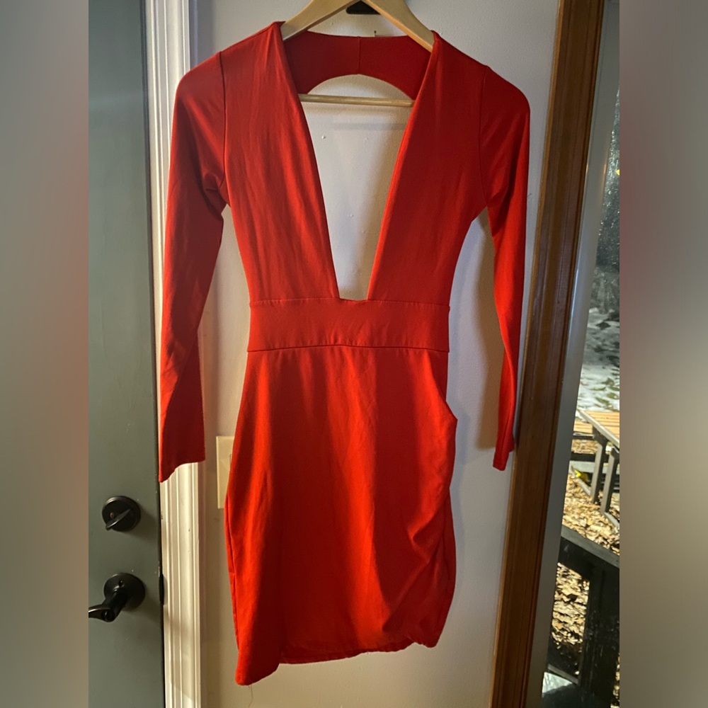 Open back long sleeve bright red mini dress
